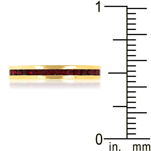 Round red garnet Swarovski Crystals in a channel-set ring with a gold tone finish over lead free alloy (brass).