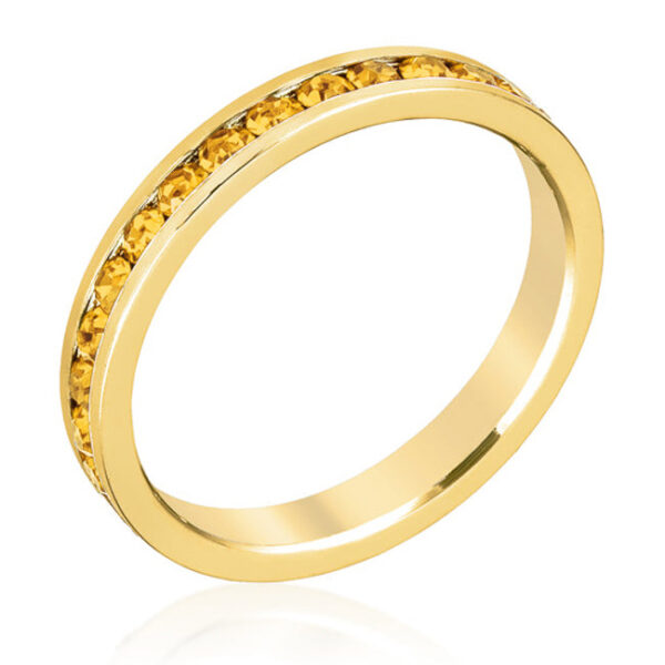 Light pink round Swarovski Crystal eternity ring in gold tone finish over lead free alloy (brass), with a channel setting.