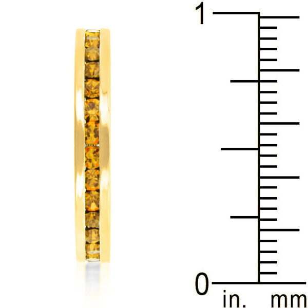 Gold tone finish over lead free alloy (brass) ring with light pink Swarovski Crystals in a channel setting.