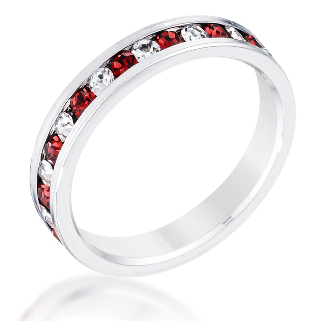 Clear and red alternating Swarovski Crystal eternity ring with round stones in a channel setting and rhodium plated over lead free alloy (brass).