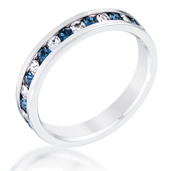 Blue and clear round Swarovski Crystal 3-stone eternity ring in rhodium plated over lead free alloy (brass).