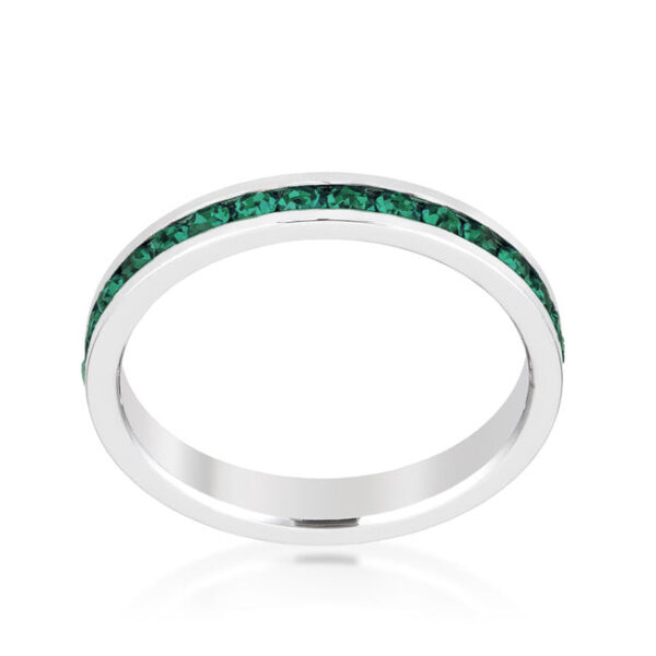 Clear, round Swarovski crystals in a channel setting on a 3-stone ring with rhodium plating over lead free alloy (brass).