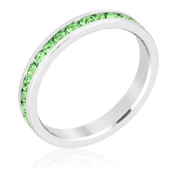 3-stone ring with clear round peridot Swarovski Crystals in a channel setting, rhodium plated over lead free alloy (brass).