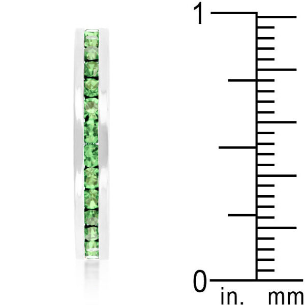 Channel-set clear round peridot Swarovski Crystals with 0.35 ct total stone weight, rhodium plated over lead free alloy (brass).