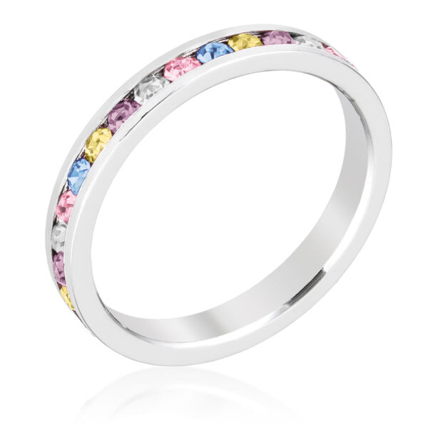 Clear round Swarovski Crystal 3-stone ring in rhodium plated over lead free alloy (brass), with a channel setting.