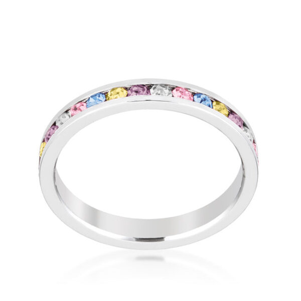 3-stone ring with clear round Swarovski Crystals in a channel setting and rhodium plated over lead free alloy (brass).