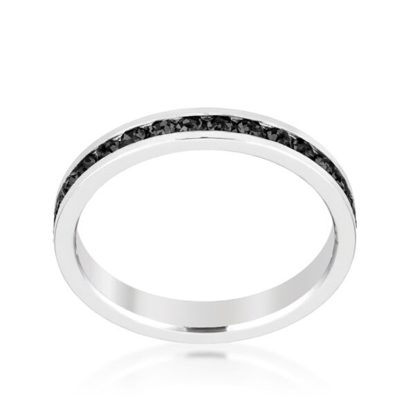 Rhodium plated over lead free alloy (brass) eternity ring with red round Swarovski Crystals in a channel setting.