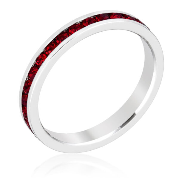 Rhodium plated over lead free alloy (brass) eternity ring with red round garnet Swarovski Crystals in a channel setting