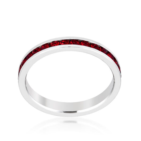 Red round garnet Swarovski Crystal eternity ring, rhodium plated over lead free alloy (brass), with a channel setting