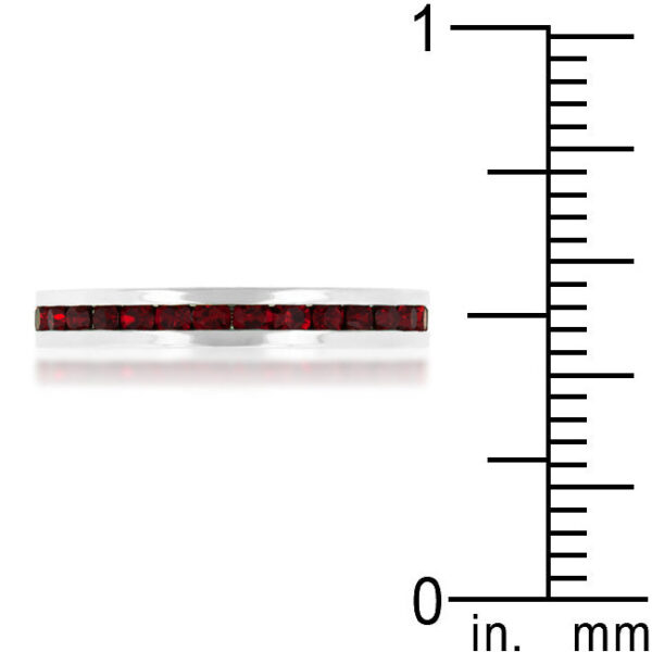 Channel-set red round garnet Swarovski Crystals on a rhodium plated over lead free alloy (brass) eternity ring