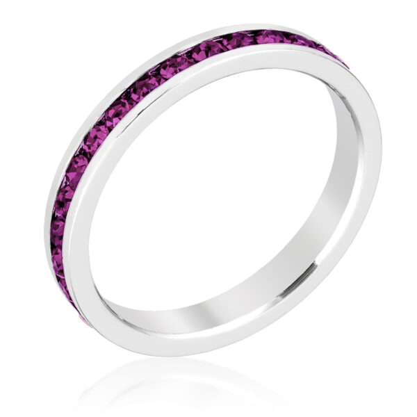 Red round amethyst Swarovski Crystals in a channel-set eternity ring, rhodium plated over lead free alloy (brass).
