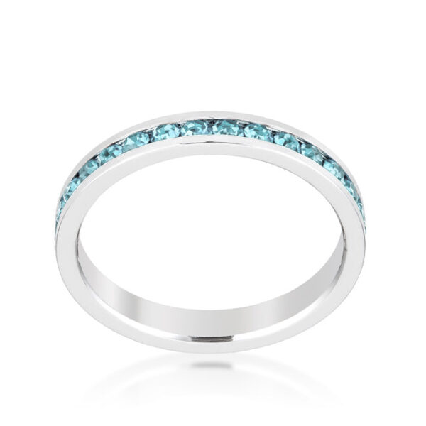 Clear aquamarine Swarovski Crystals with 0.35 ct total stone weight in a rhodium plated over lead free alloy (brass) ring.