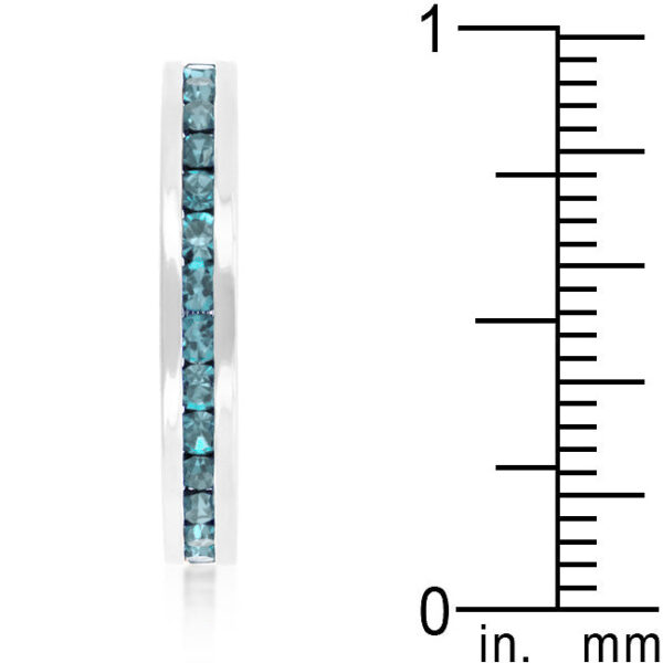 3 (mm) wide rhodium plated over lead free alloy (brass) ring with clear round aquamarine Swarovski Crystals.