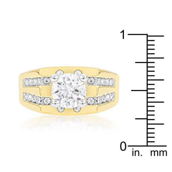 Genuine round cubic zirconia ring in prongs with 1.8 ct total stone weight and gold tone over lead free alloy (brass).