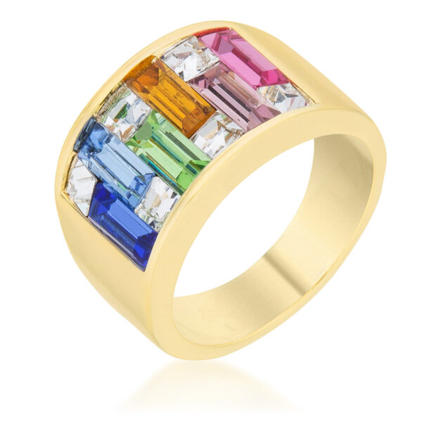 Spring Bazaar cocktail ring with gold tone finish over lead free alloy (brass), channel-set Baguette and Princess crystals.