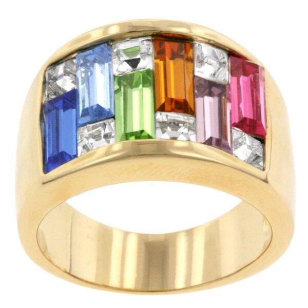 Cocktail ring with Baguette and Princess crystals in a channel setting.