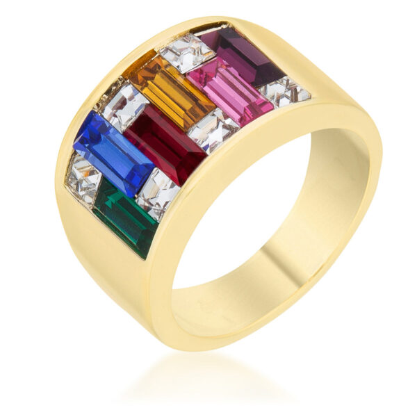 Cocktail ring with Baguette and Princess crystals in a channel setting, gold tone finish over lead free alloy (brass).