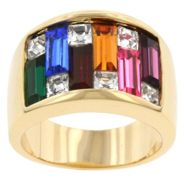 6.3 Mm cocktail ring with channel-set Baguette and Princess crystals, gold tone finish over lead free alloy (brass).