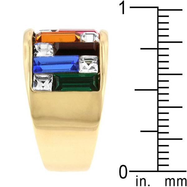 Channel-set Baguette and Princess crystal ring in gold tone finish over lead free alloy (brass).