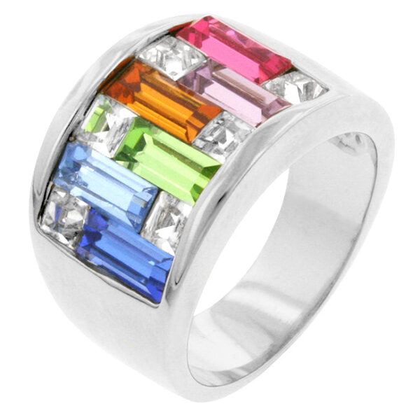 Candy Maze cocktail ring with baguette and princess crystals, invisible set, rhodium plated over lead free alloy (brass).