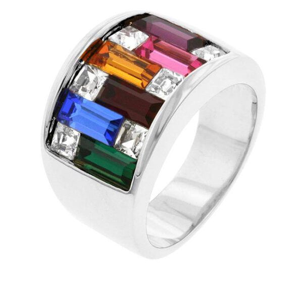 Cocktail ring with baguette and Princess-cut crystals in a channel setting, rhodium plated over lead free alloy (brass).
