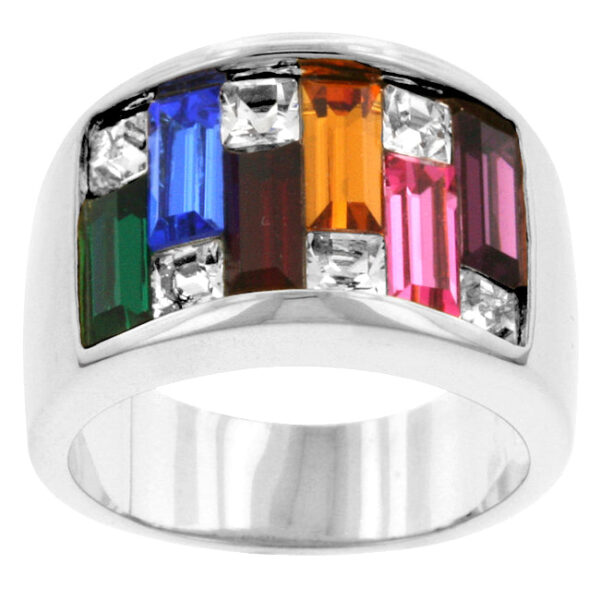 Rhodium plated over lead free alloy (brass) ring with genuine baguette and Princess-cut crystals, 4.35 ct total stone weight.