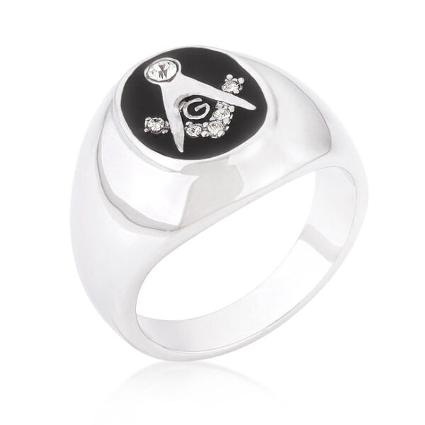 Masonic ring with genuine round onyx, prong settings, and rhodium plated over lead free alloy (brass).