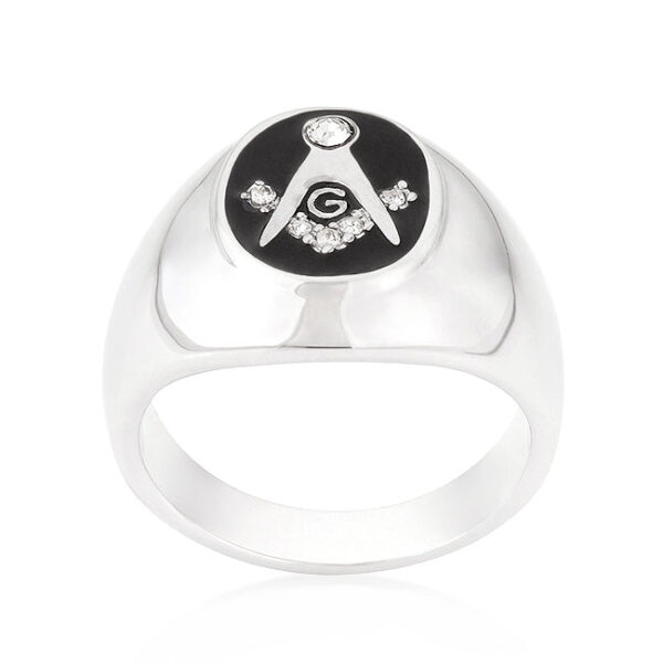 Classic masonic onyx ring in rhodium plated over lead free alloy (brass), with prong settings.