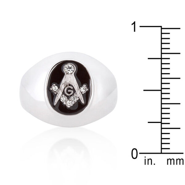 Genuine round onyx masonic ring with 0.13 ct total stone weight and rhodium plated over lead free alloy (brass).