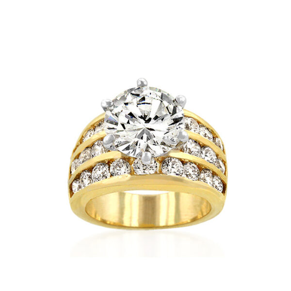 Classic engagement ring with round cubic zirconia, channel setting, and Silver tone finish over Lead Free Alloy (brass).