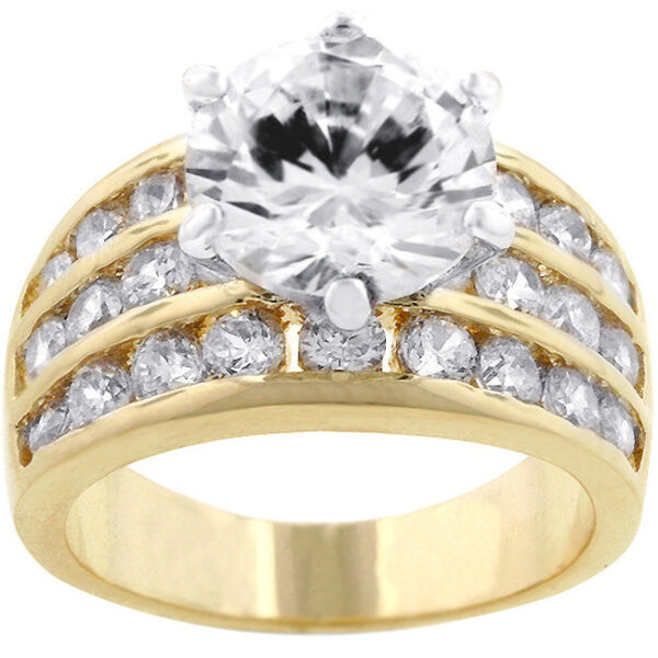 Cocktail ring with round 10 Mm cubic zirconia, 7.5 ct total stone weight, and a channel setting.