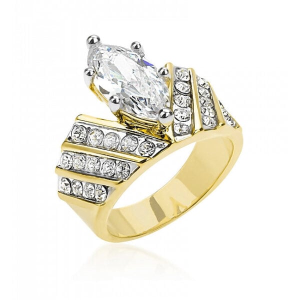 Crown ring with pink marquise cubic zirconia in a channel setting and gold tone over lead free alloy (brass).