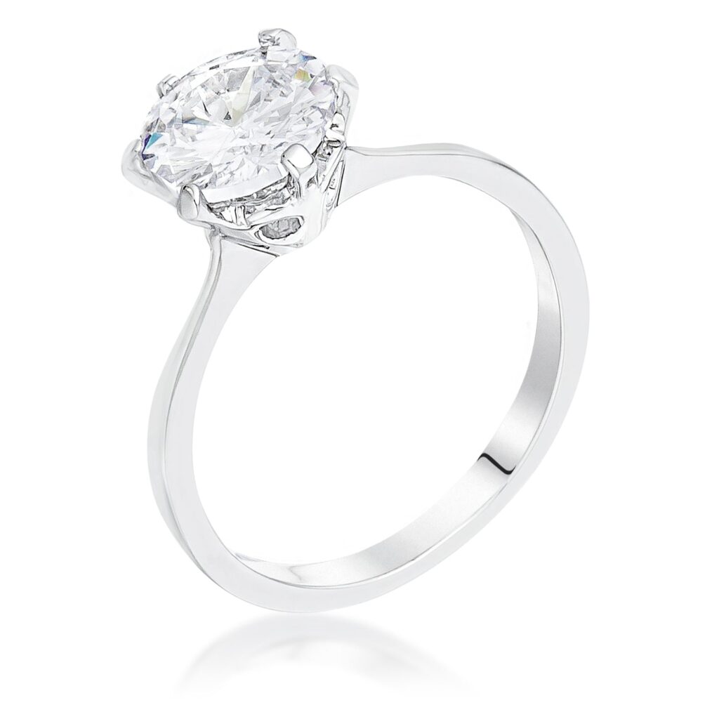 Round cubic zirconia engagement ring in prong settings, rhodium plated over .925 sterling silver, with 2 ct total stone weight.