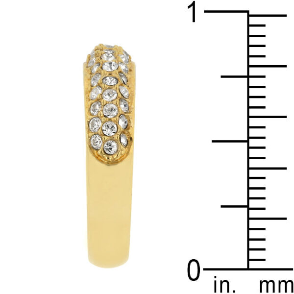 Pave set round crystal band ring in gold tone finish over lead free alloy (brass).