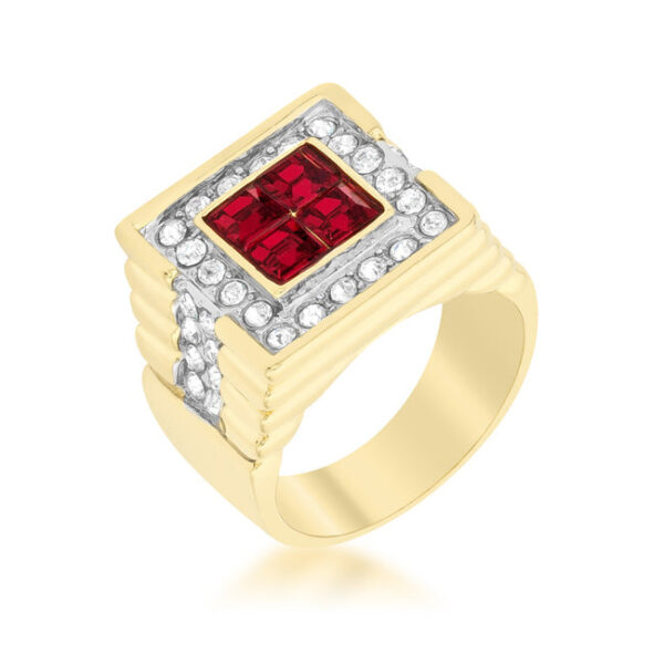 Princess-cut crystal ring in prong settings with gold tone over lead free alloy (brass)