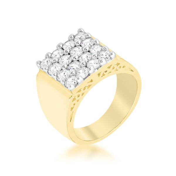 Pave square men's ring with clear round cubic zirconia in prongs and gold tone over lead free alloy (brass).