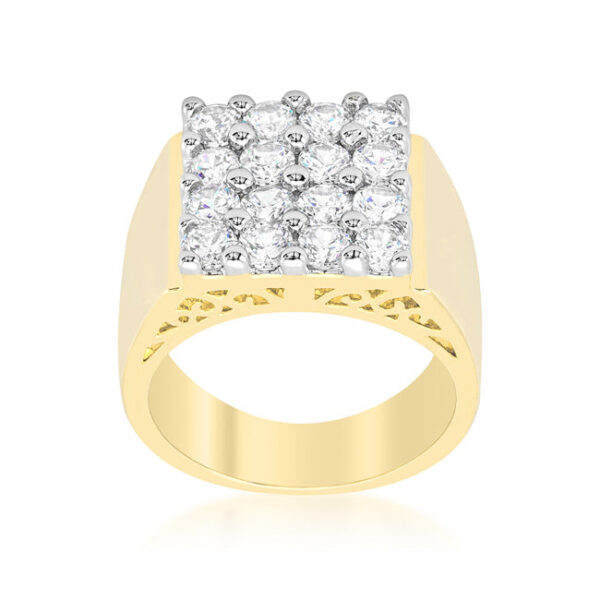 Square men's ring with 3.8 ct total stone weight in clear round cubic zirconia and gold tone over lead free alloy (brass).