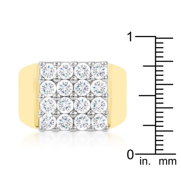 Clear round cubic zirconia prong-set square men's ring in gold tone over lead free alloy (brass).