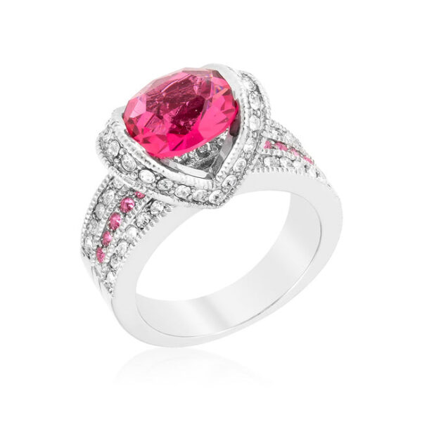 Purple oval cubic zirconia three-stone ring in rhodium plated over lead free alloy (brass) with a tension setting.
