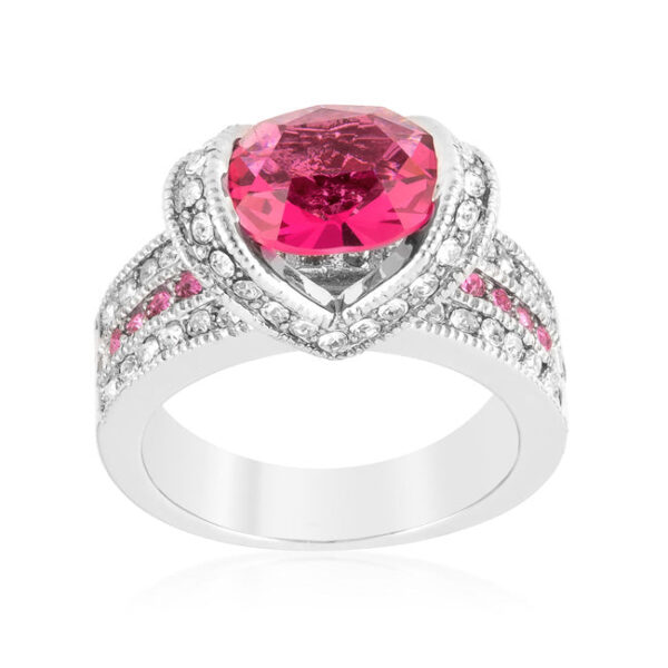 Three purple oval cubic zirconia stones in a tension-set rhodium plated over lead free alloy (brass) ring.