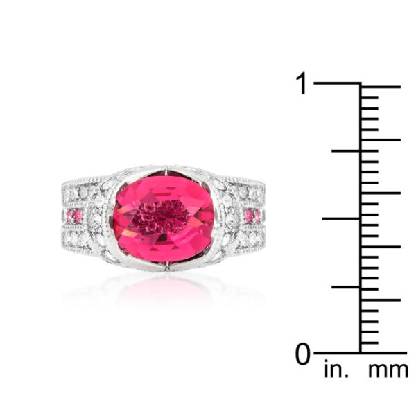 Classic three-stone ring with purple oval cubic zirconia and rhodium plated over lead free alloy (brass).