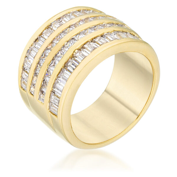 Four-row cocktail ring with Princess-cut cubic zirconia in a channel setting and gold tone finish over lead free alloy (brass).