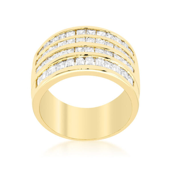 Princess-cut cubic zirconia cocktail ring in a channel setting with gold tone finish over lead free alloy (brass).