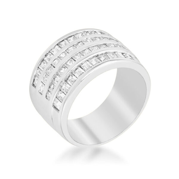 4 row cocktail ring with clear princess-cut cubic zirconia in a channel setting and silver tone over lead free alloy (brass).