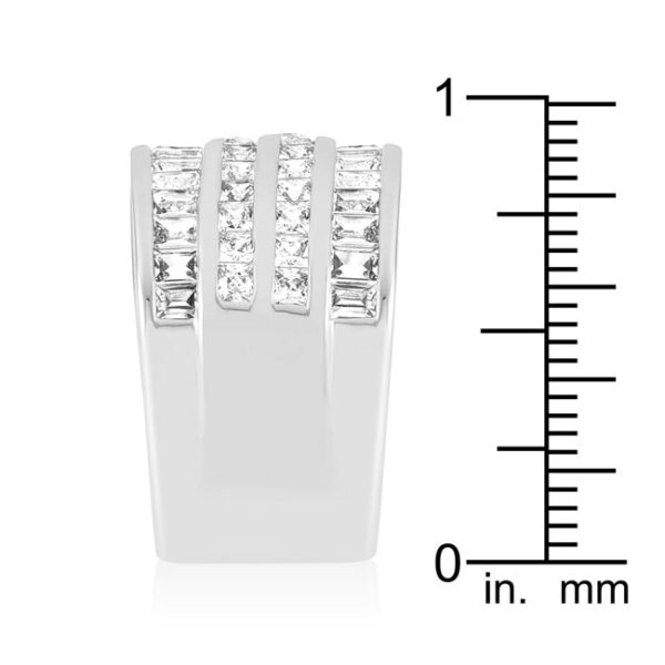 4 row clear cubic zirconia cocktail ring with a channel setting and silver tone over lead free alloy (brass).