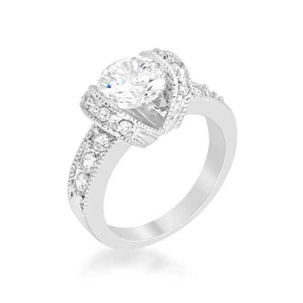 Green round cubic zirconia ring, rhodium plated over lead free alloy (brass), with 3.4 ct total stone weight.