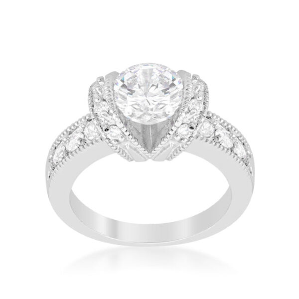 Contemporary green round cubic zirconia tension-set ring, rhodium plated over lead free alloy (brass).