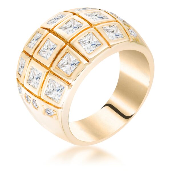 Square ring with clear cubic zirconia and gold tone over lead free alloy (brass).