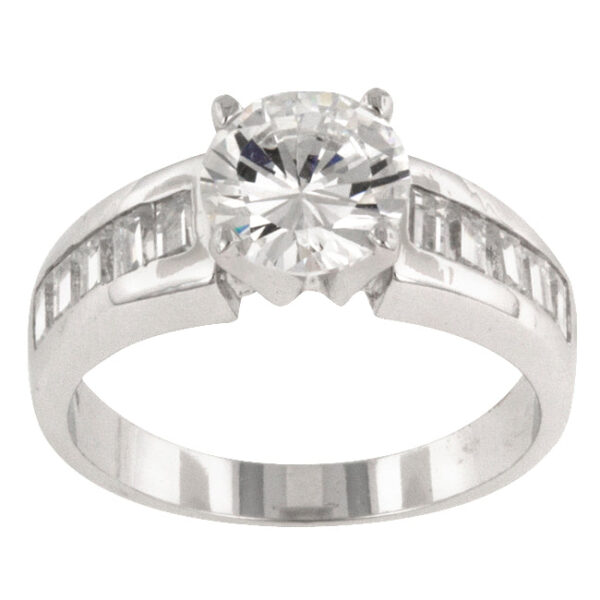 Channel-set baguette and round cubic zirconia ring, rhodium plated over lead free alloy (brass).