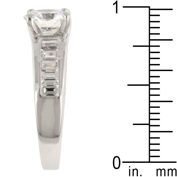 Baguette and round cubic zirconia in a channel setting on rhodium plated over lead free alloy (brass).